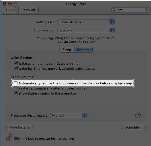 Automatically reduce the brightness of the display before display sleep in the Energy Saver Preferences